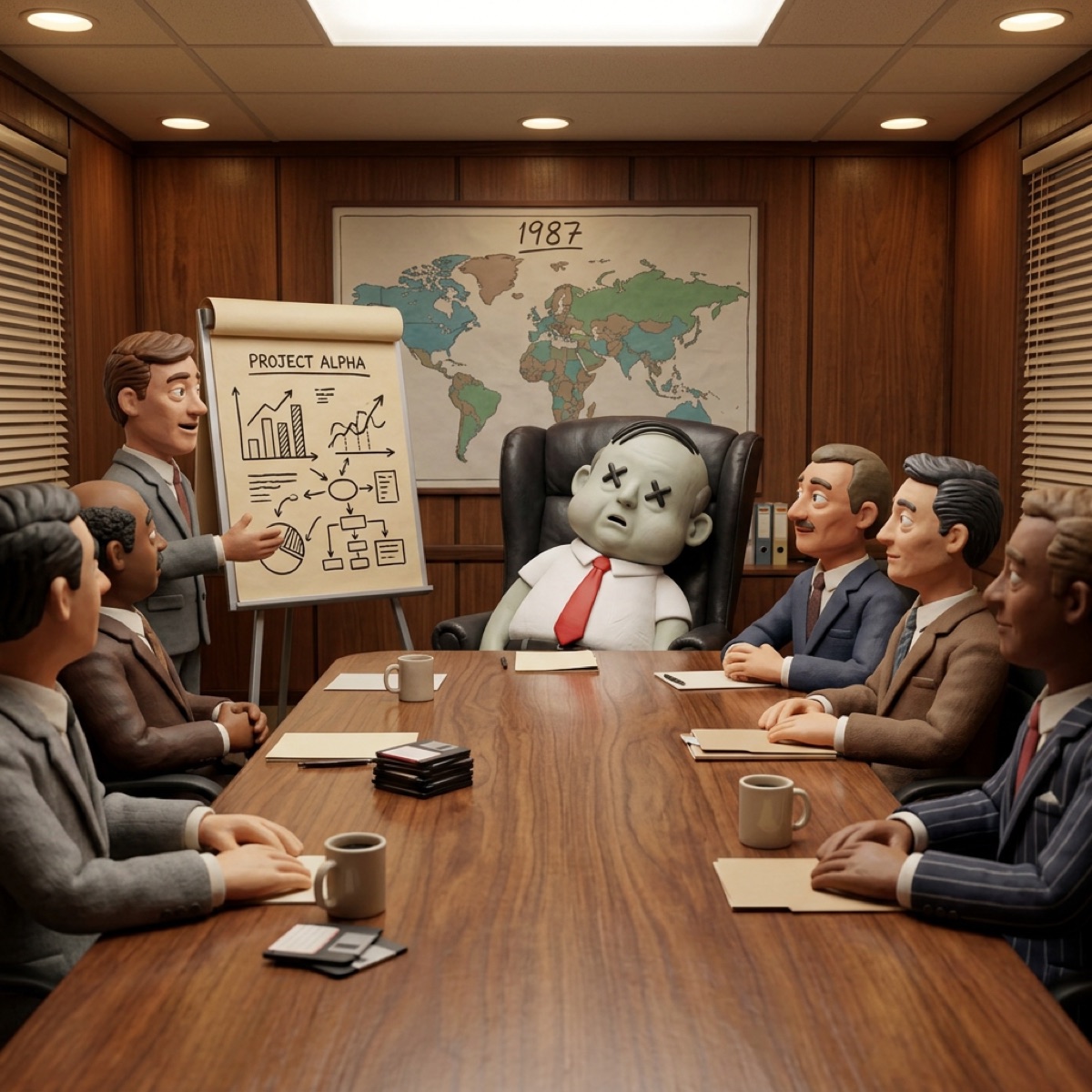 Mort propped at the head of a boardroom table while colleagues listen respectfully.