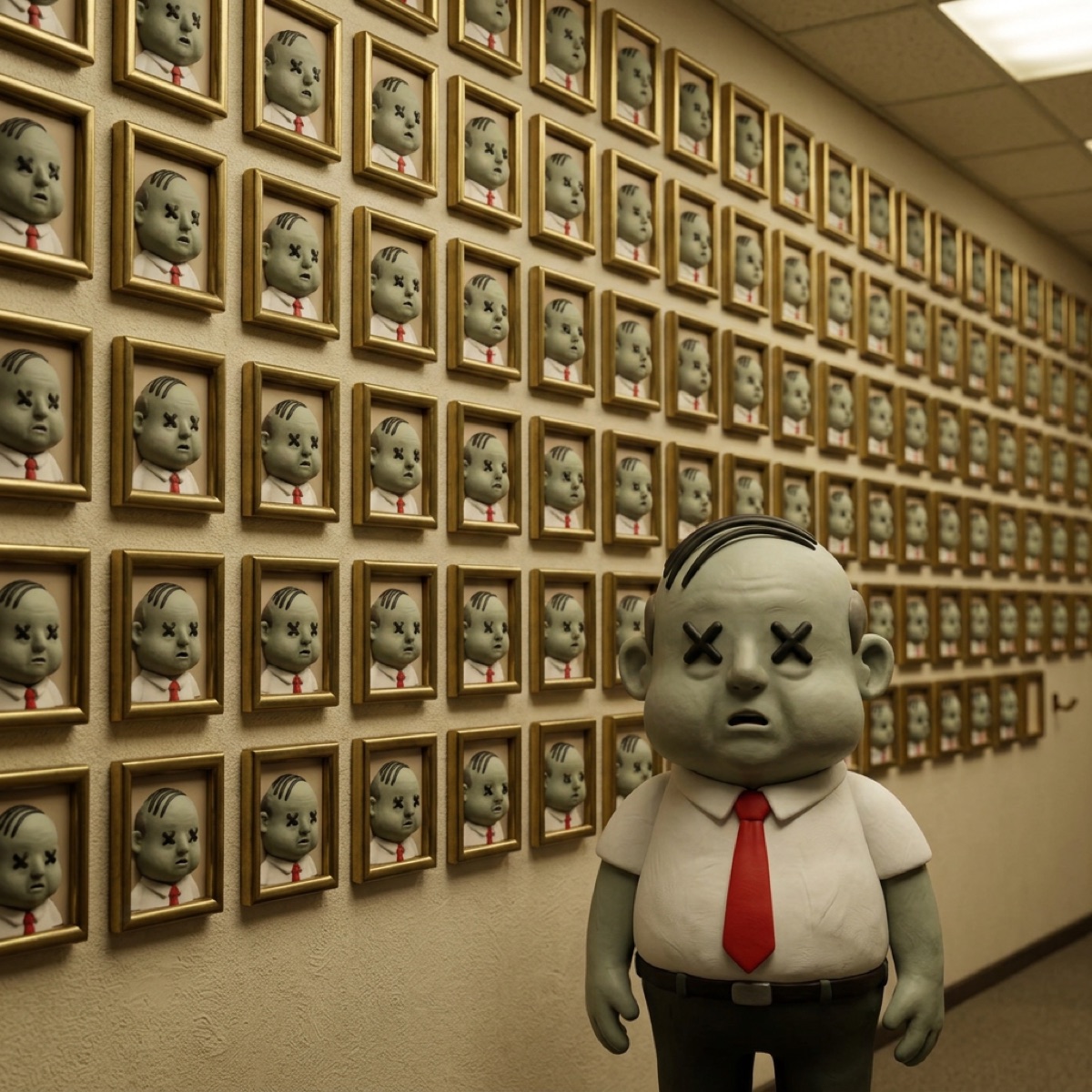 A corridor wall covered in identical employee-of-the-month portraits of Mort.