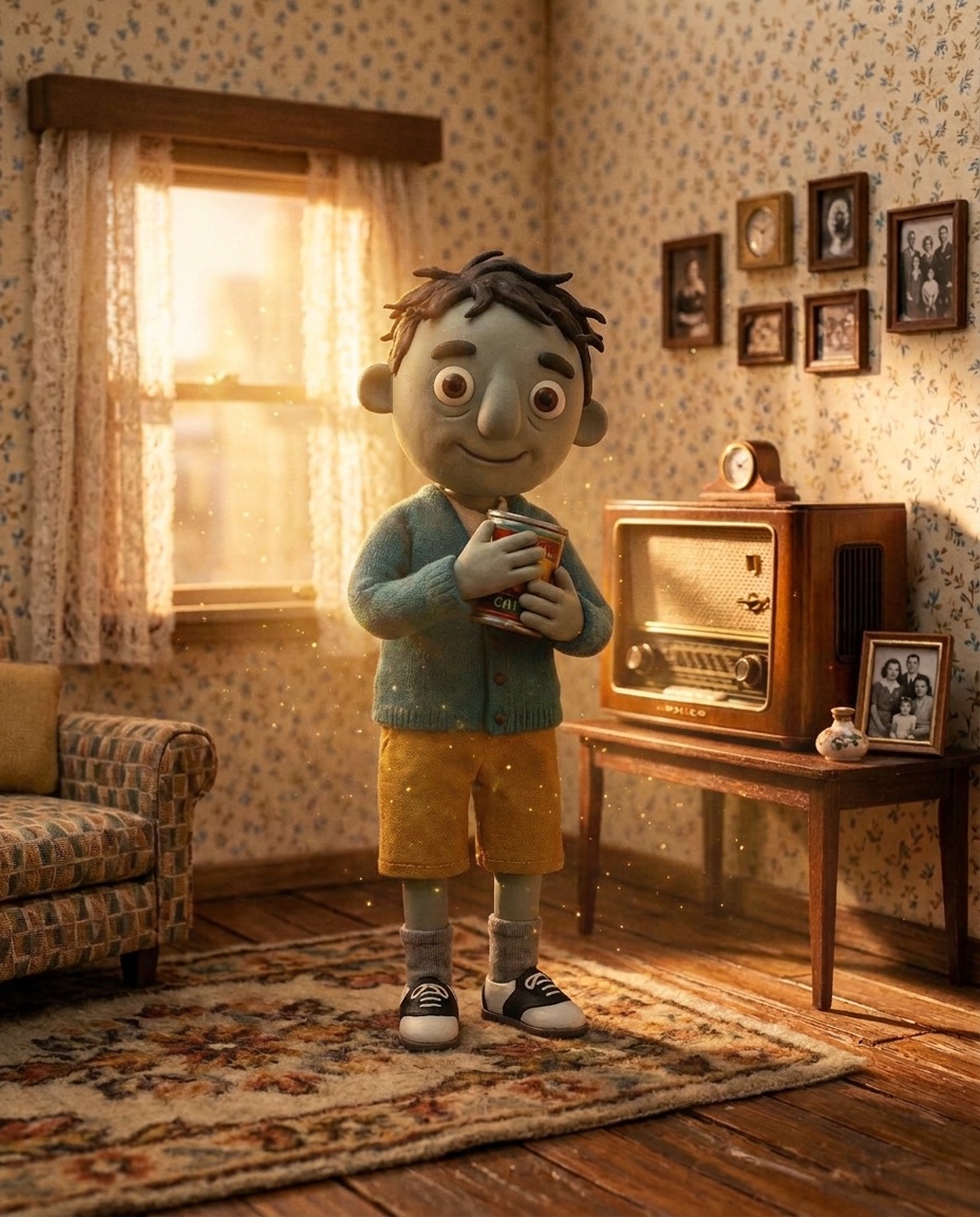 Mort as a small grey-green clay boy hugging a tin coffee can in a 1950s living room.