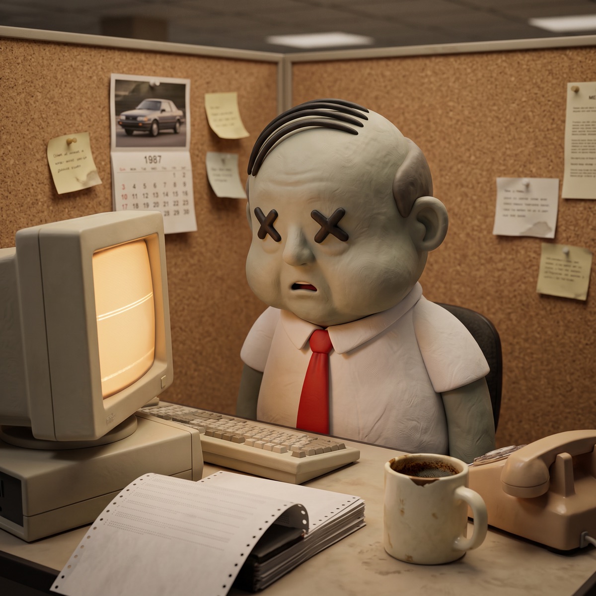 Mort motionless at his desk in 1987, his eyes now two small X's.