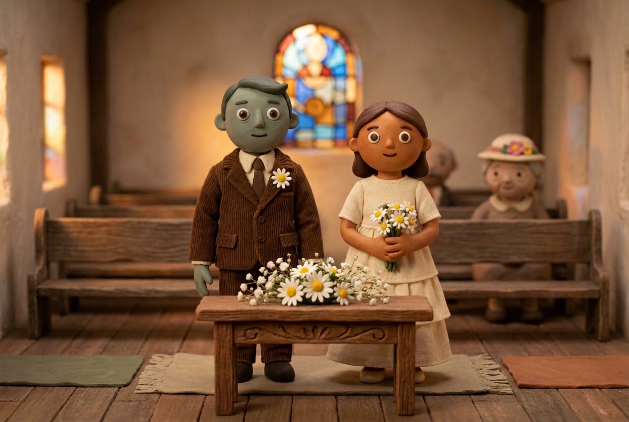 Mort and Eleanor as a deadpan clay couple at their small chapel wedding.