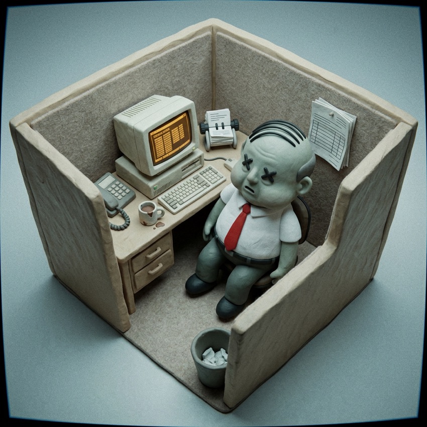 An isometric clay diorama of Mort's beige cubicle.