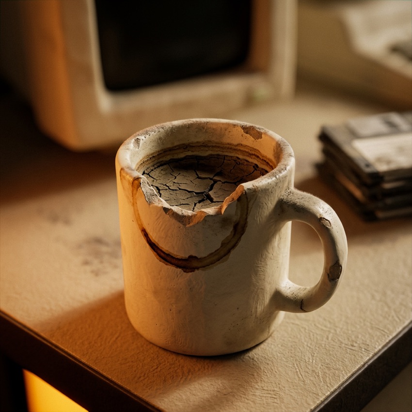 A chipped ceramic mug with coffee dried and cracked inside it.