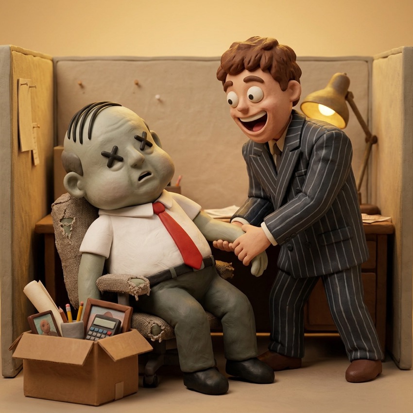 An eager new hire enthusiastically shaking Mort's limp hand.