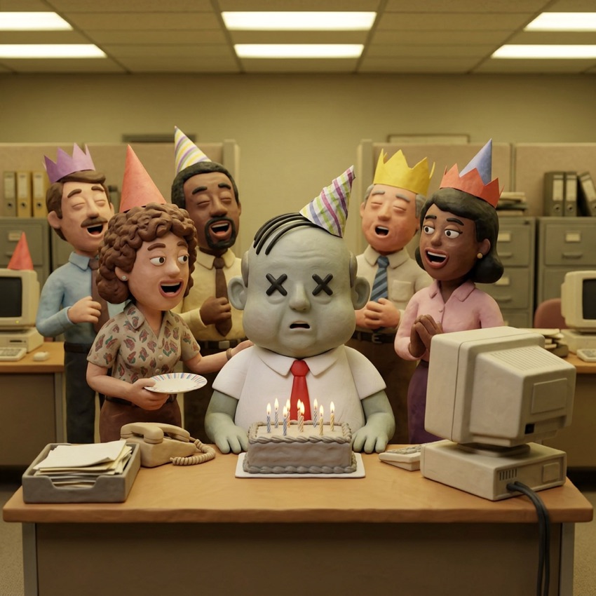 Colleagues in party hats around a birthday cake on Mort's desk.
