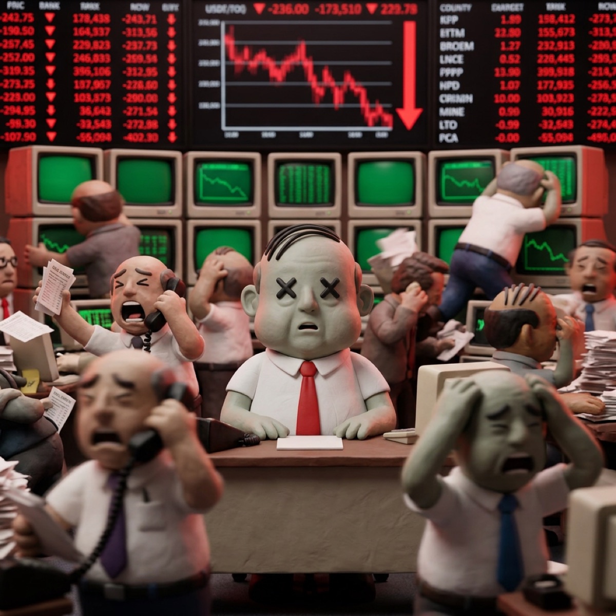 Mort motionless at his desk on a chaotic trading floor while everyone around him panics.