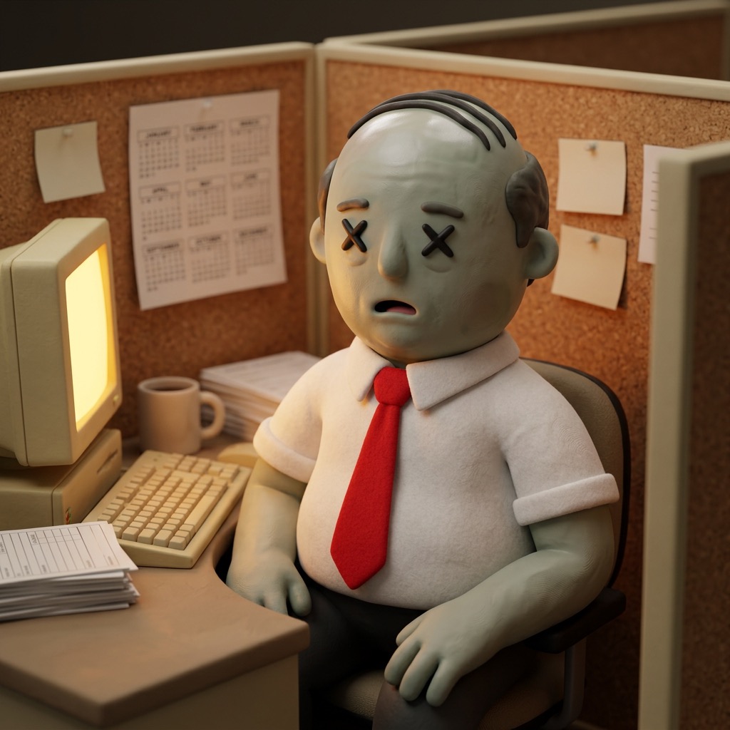Mort at his cubicle desk in front of a glowing CRT, 1987.